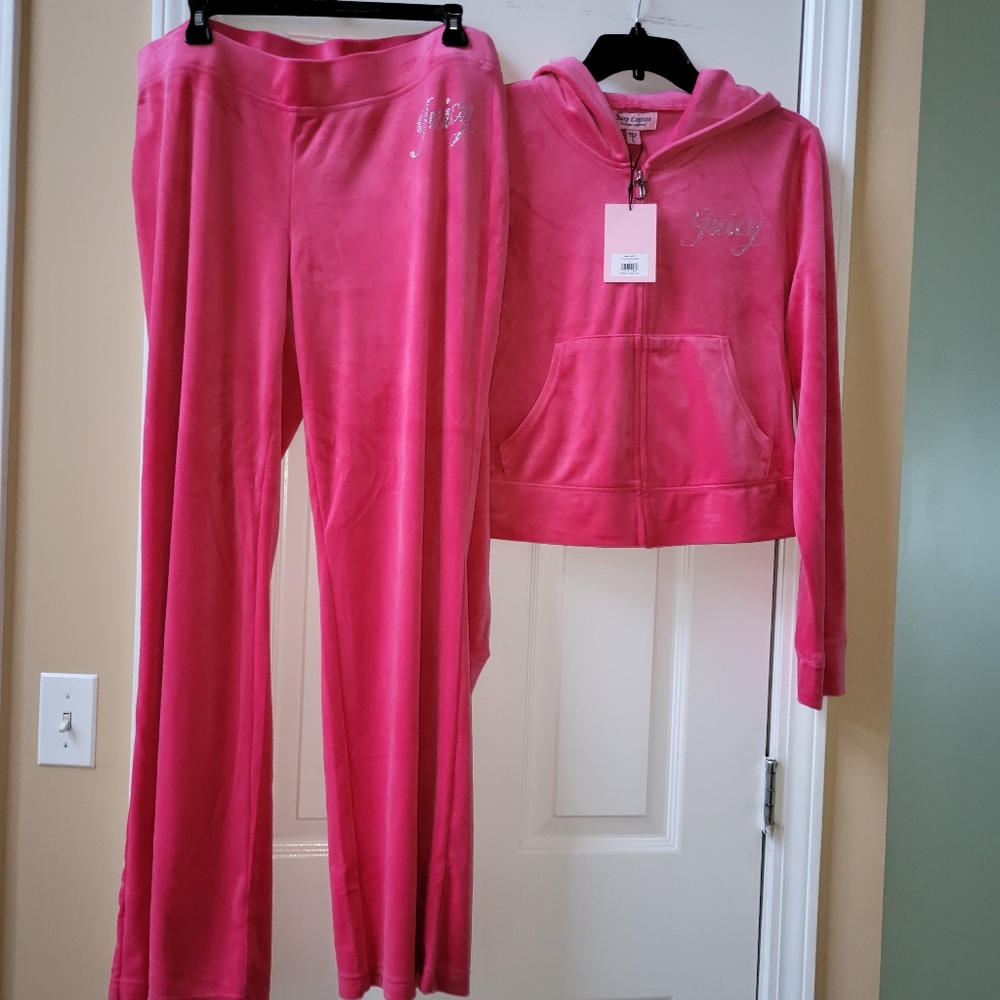 Juicy Couture Velour Pink Party tracksuit 2 Pc Set Hoodie & Pants Size L Large